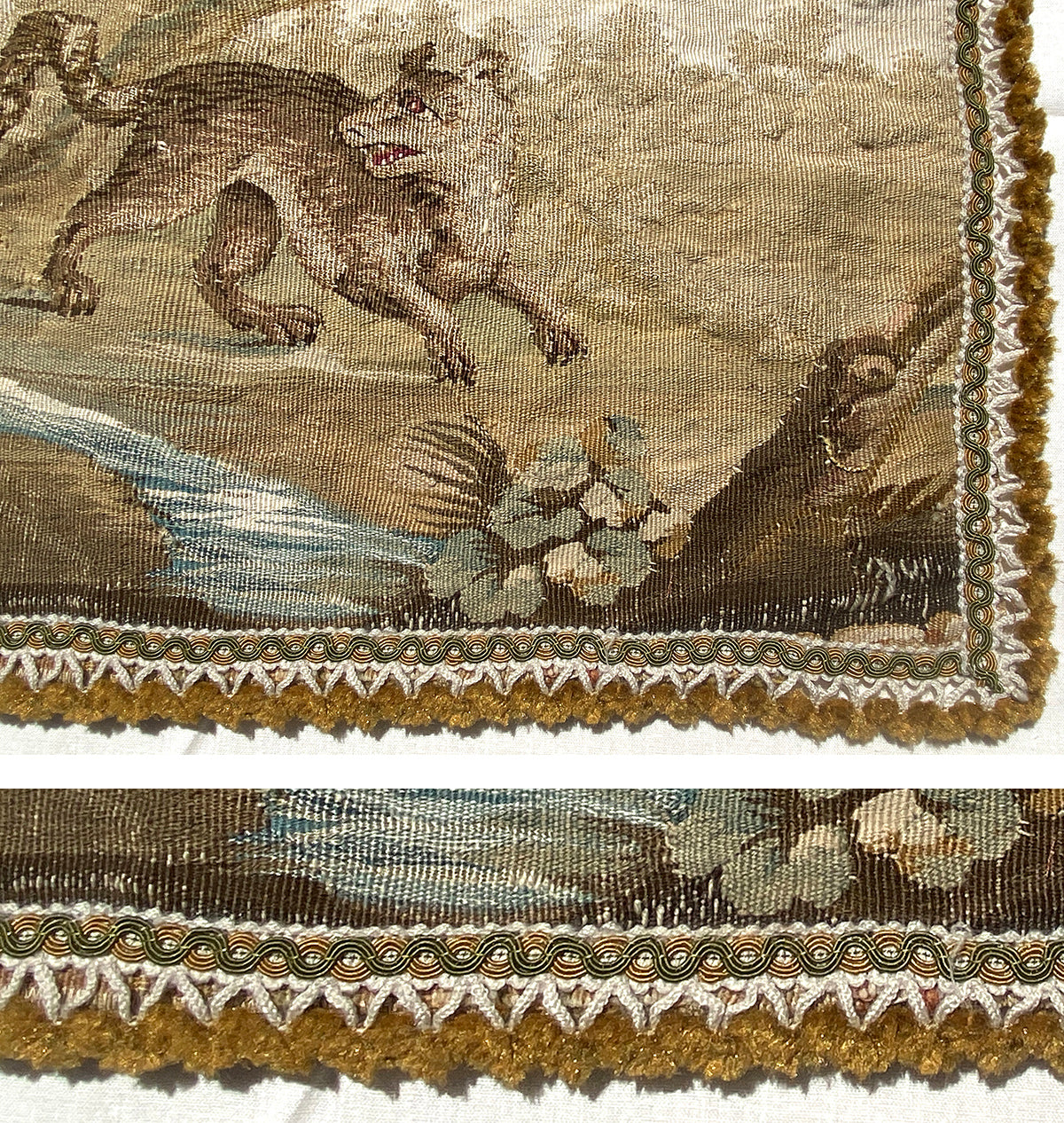 Antique c.1700s French Aubusson Fragment, Panel with Fox, Passementerie, Ready to Make Pillow