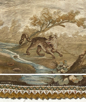 Antique c.1700s French Aubusson Fragment, Panel with Fox, Passementerie, Ready to Make Pillow