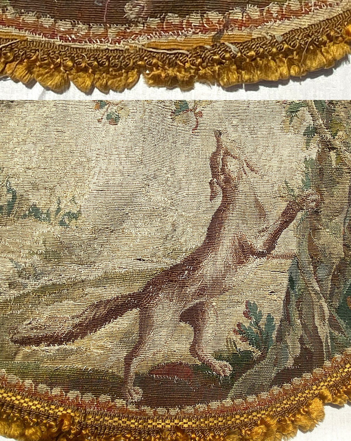 Antique 18th Century French Aubusson Wolf Tapestry Fragment with Passementerie for Pillow Top