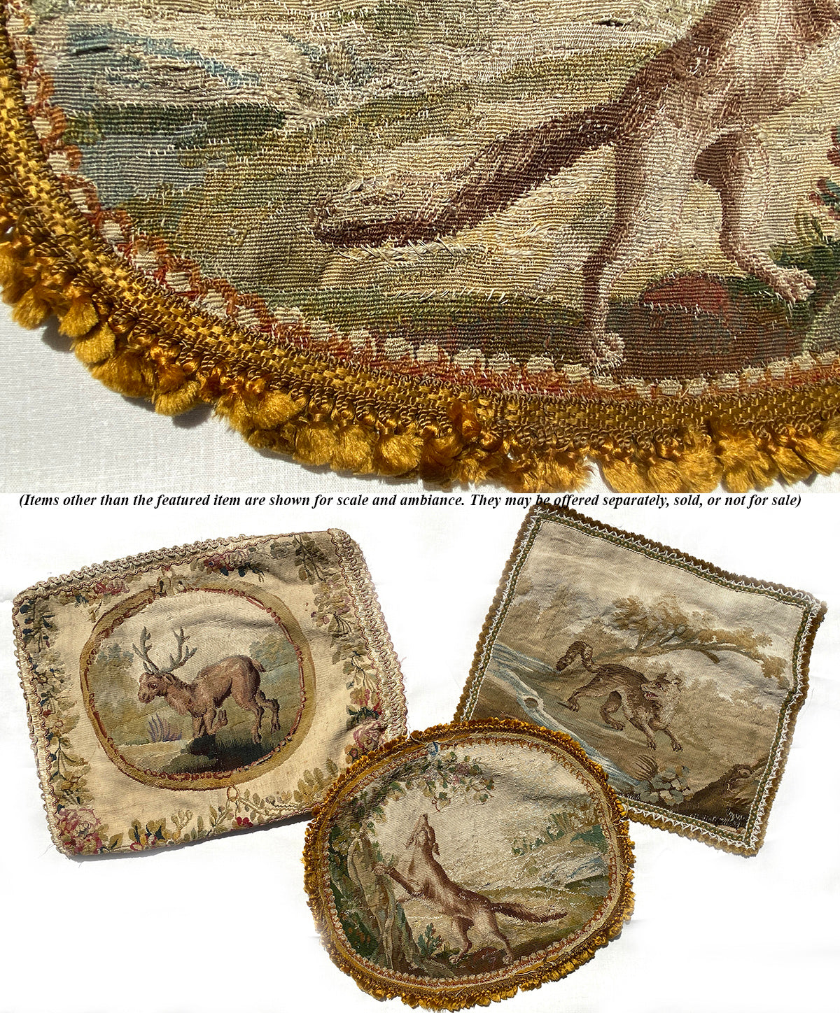 Antique 18th Century French Aubusson Wolf Tapestry Fragment with Passementerie for Pillow Top