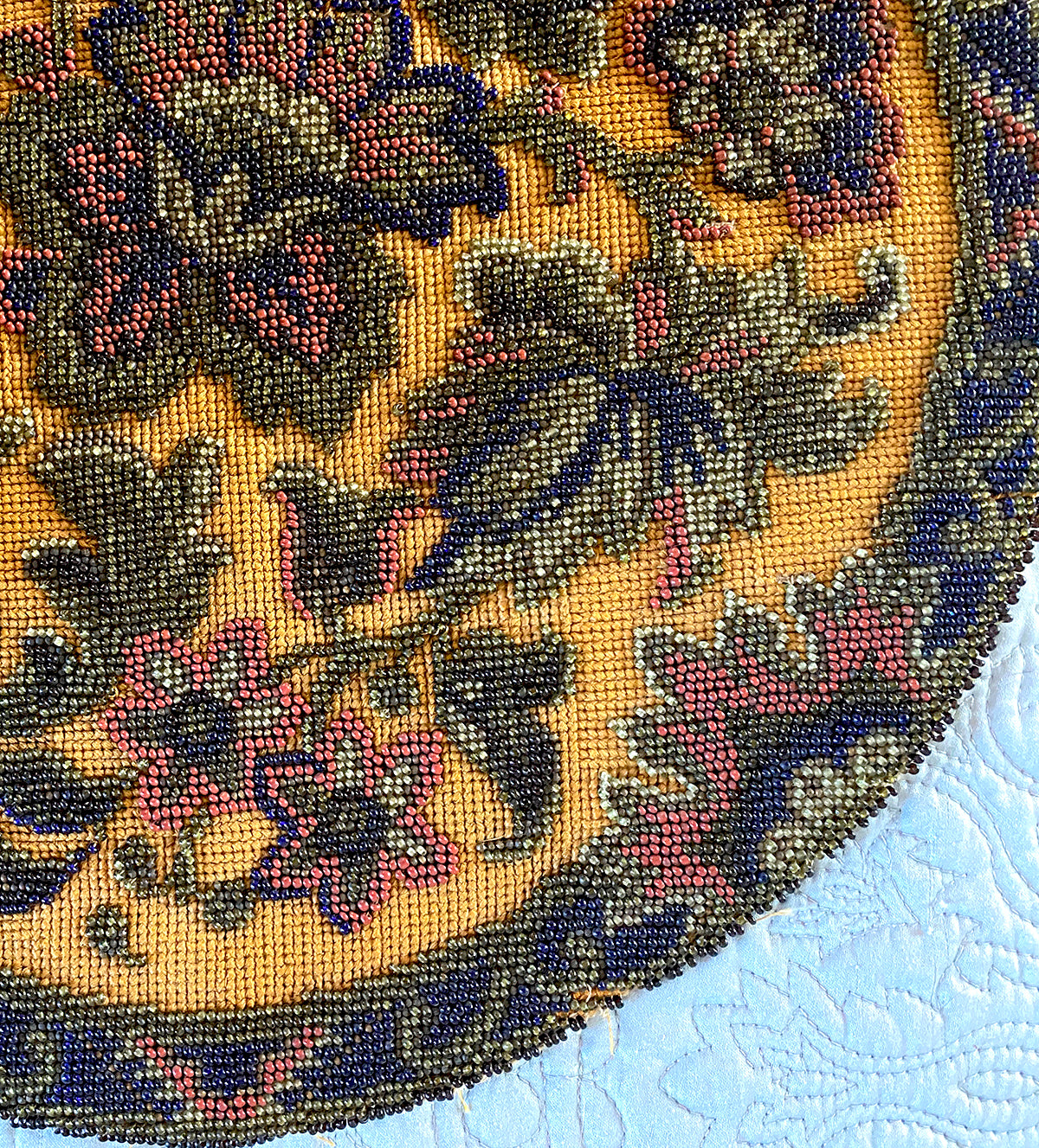Unused 14" Diam Antiuqe Victorian Glass Beadwork Tapestry Panel, Beaded Needlepoint for Pillow