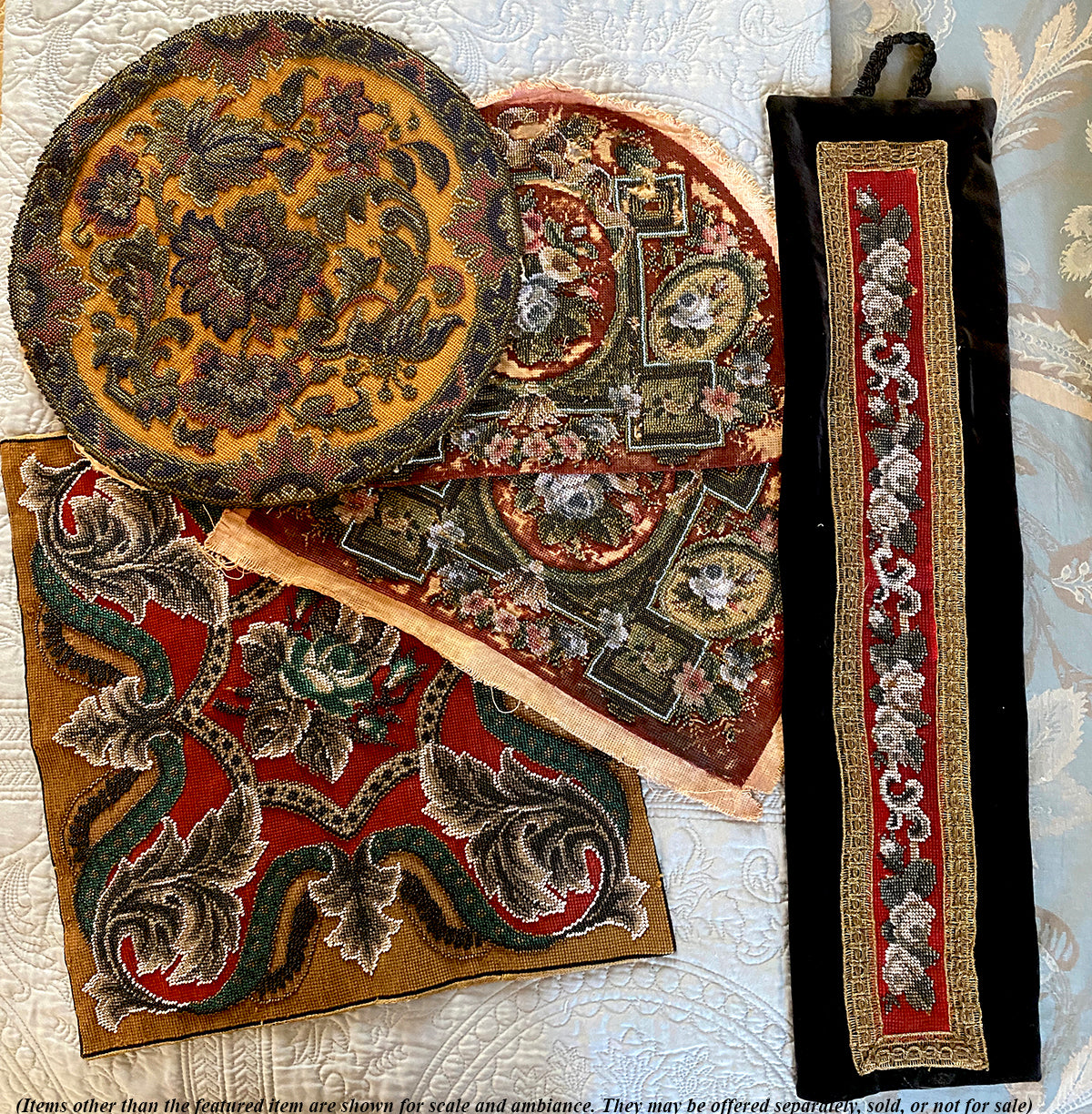 Unused 14" Diam Antiuqe Victorian Glass Beadwork Tapestry Panel, Beaded Needlepoint for Pillow