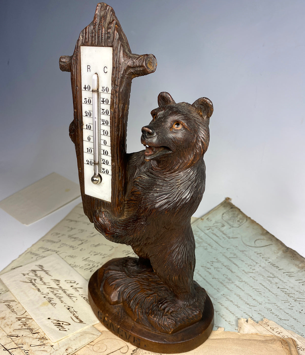 Antique Swiss HC Black Forest 10.5" Bear Thermometer Stand, Desktop Weather, Glass Eyes