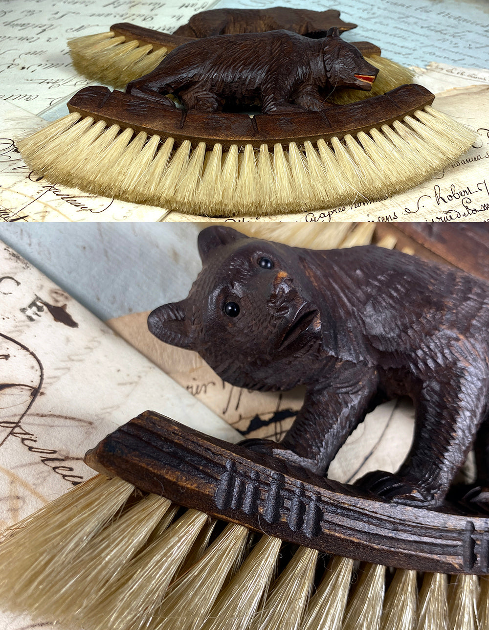 PAIR: 2 Antique Black Forest HC Bears are Crumb Brush Tools, Boar Bristle, Excellent!