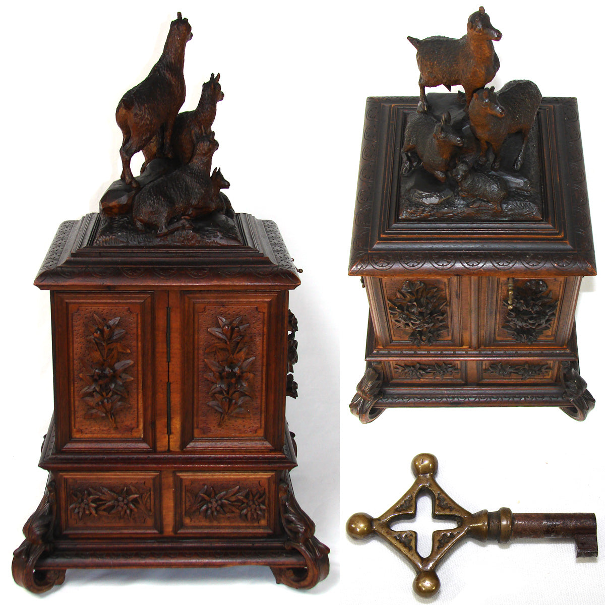 HUGE Antique Victorian Black Forest Carved 22.75" Jewelry Chest, Chamois Figures, Folding Compartments