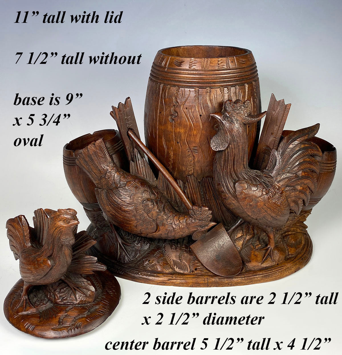 Superb Antique HC Swiss Black Forest 11" Tall 2 Roosters Smoker's Stand, 1 Hen, 3 Barrels