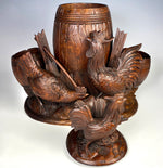 Superb Antique HC Swiss Black Forest 11" Tall 2 Roosters Smoker's Stand, 1 Hen, 3 Barrels