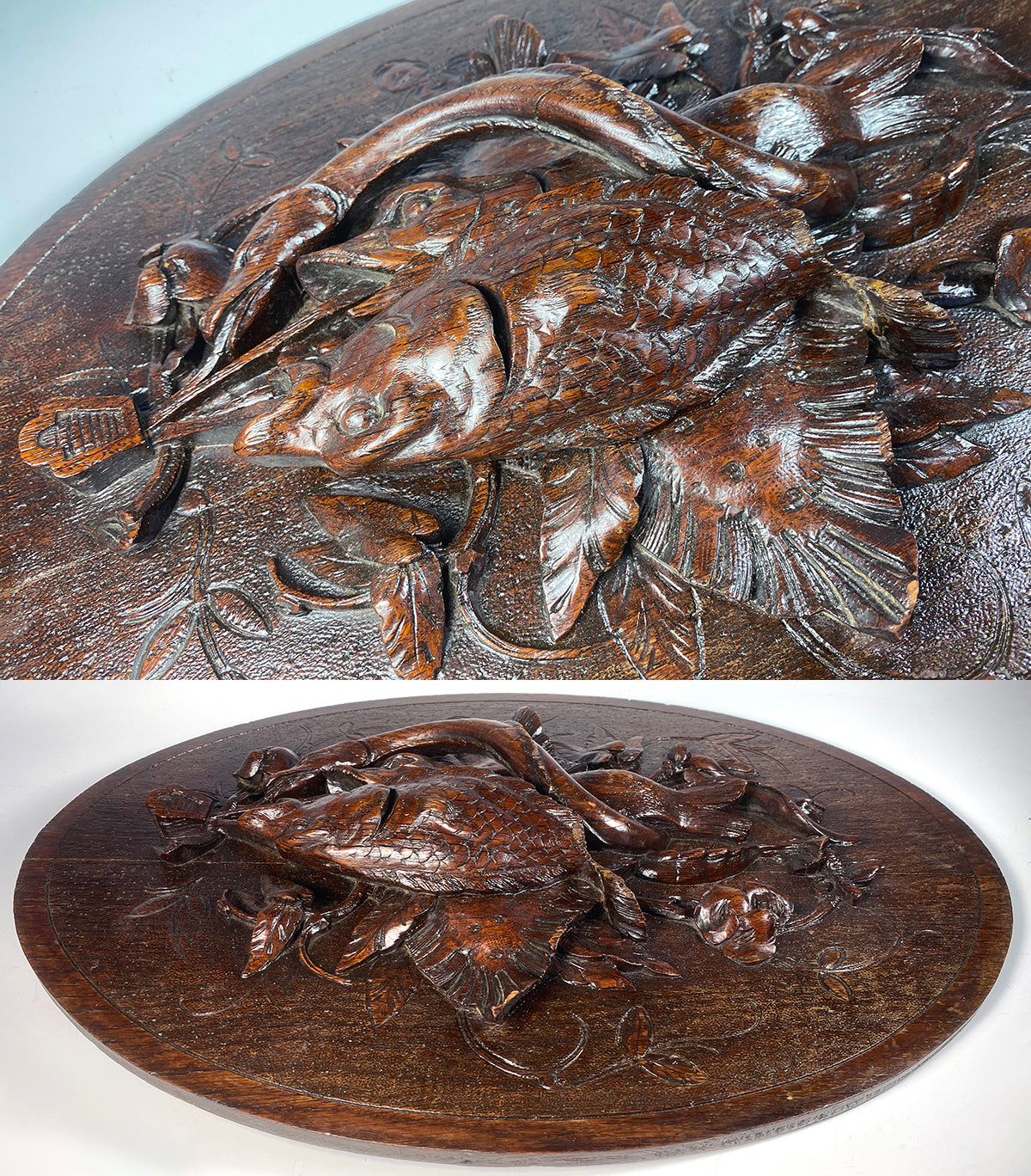 Rare Antique Swiss Black Forest Carved Wall Plaque, Fruits of the Hunt Sealife, Fish