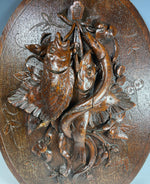 Rare Antique Swiss Black Forest Carved Wall Plaque, Fruits of the Hunt Sealife, Fish