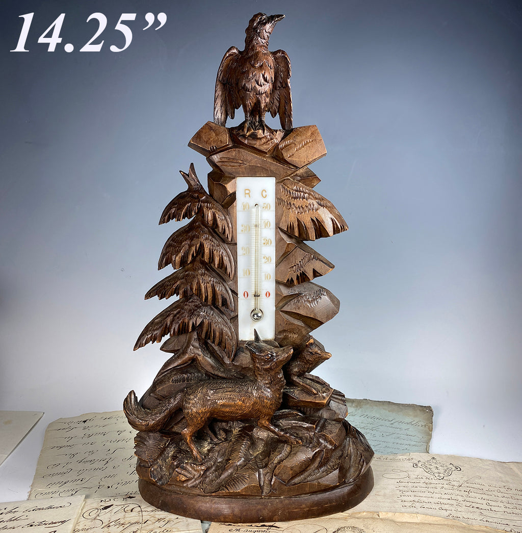 BIG Antique Swiss Black Forest HC 14.25" Tall Woodland Thermometer, Eagle and Fox