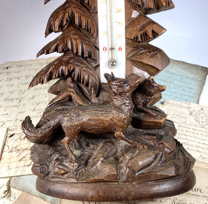 BIG Antique Swiss Black Forest HC 14.25" Tall Woodland Thermometer, Eagle and Fox