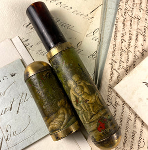 Antique 18th Century French Billet Doux, Vermeil Rings on Vernis Martin Love Notes Etui