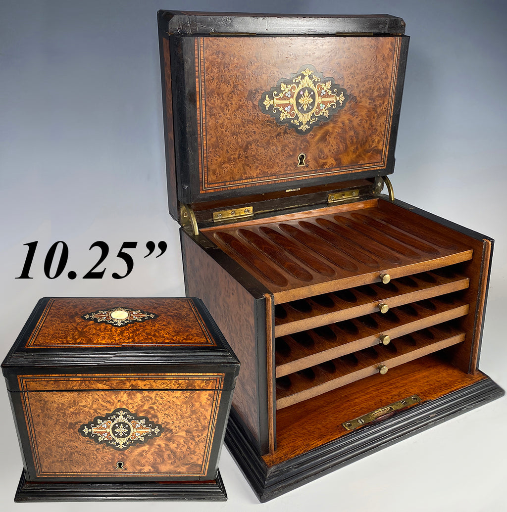 Fine Antique French Napoleon III Burl and Boulle Cigar Cabinet, Chest, Presenter, Caddy, not Humidor