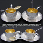 Gorgeous Antique French Sterling Silver Tea or Chocolate Cup & Saucer PAIR with Spoons