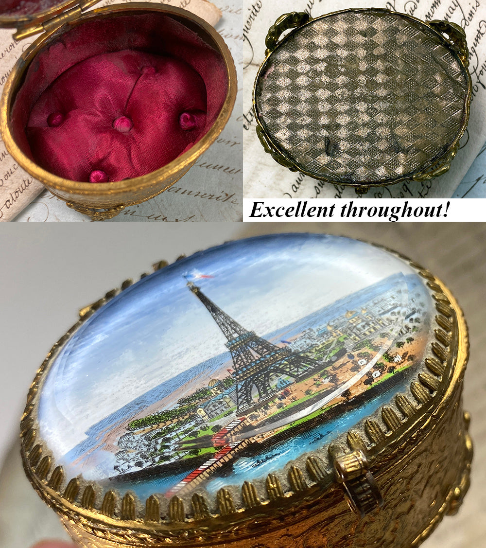 Sweet Little Antique French Eglomise Souvenir Box 1889 Paris Expo View, Eiffel Tower