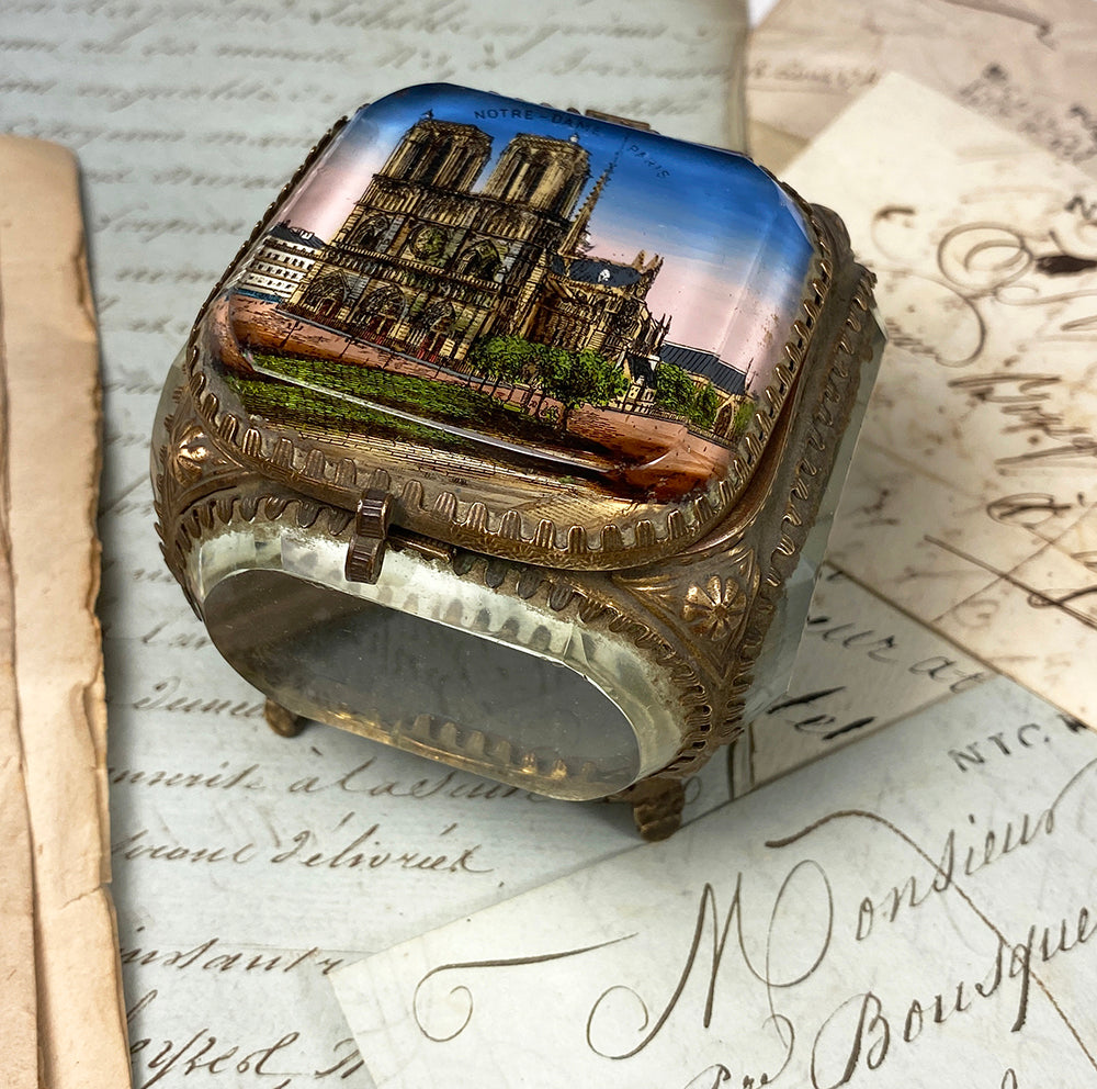 Antique French 19th Century Paris Eglomise Souvenir Jewelry Box, Notre Dame Cathedral