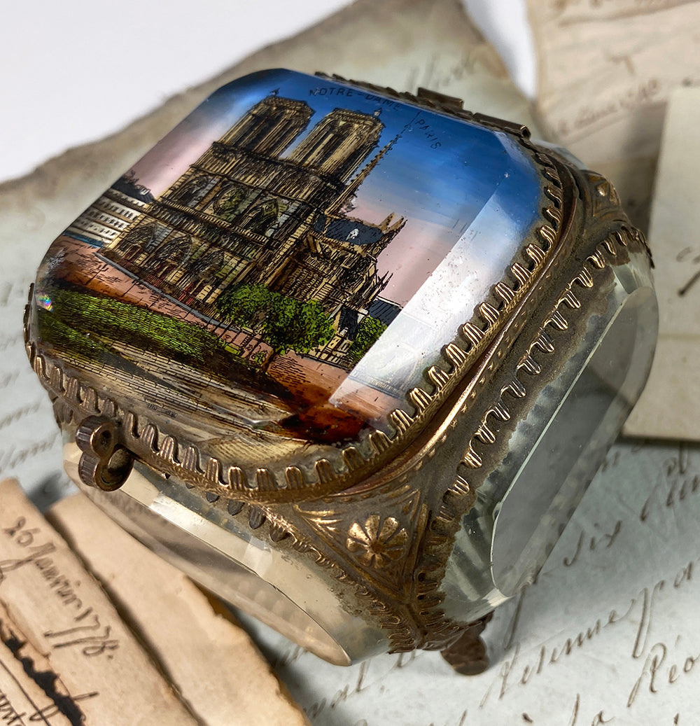 Antique French 19th Century Paris Eglomise Souvenir Jewelry Box, Notre Dame Cathedral