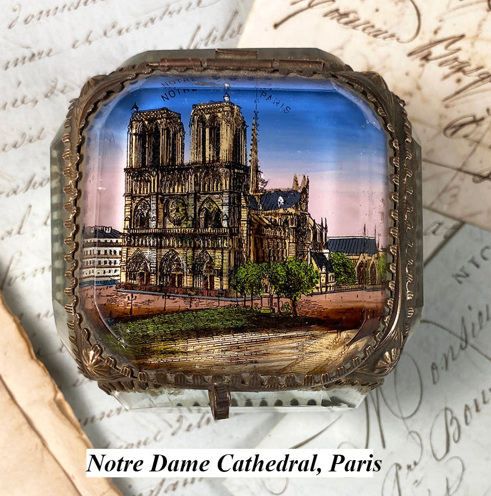 Antique French 19th Century Paris Eglomise Souvenir Jewelry Box, Notre Dame Cathedral