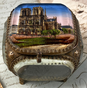 Antique French 19th Century Paris Eglomise Souvenir Jewelry Box, Notre Dame Cathedral