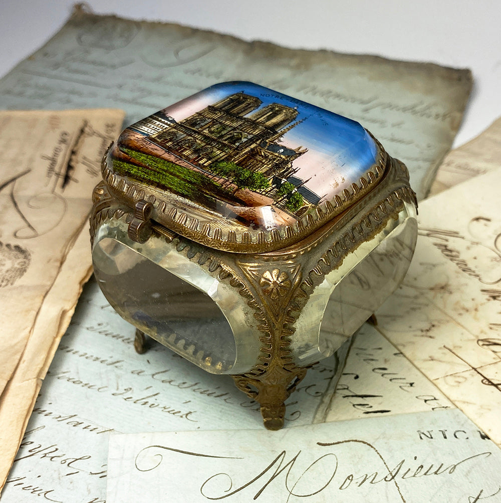 Antique French 19th Century Paris Eglomise Souvenir Jewelry Box, Notre Dame Cathedral