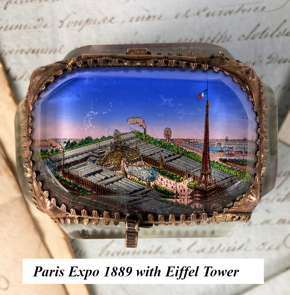 Antique French 19th Century Paris Eglomise Souvenir Jewelry Box, 1889 Expo Eiffel Tower