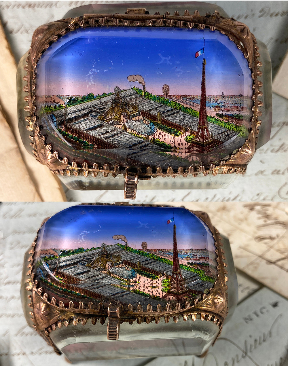 Antique French 19th Century Paris Eglomise Souvenir Jewelry Box, 1889 Expo Eiffel Tower