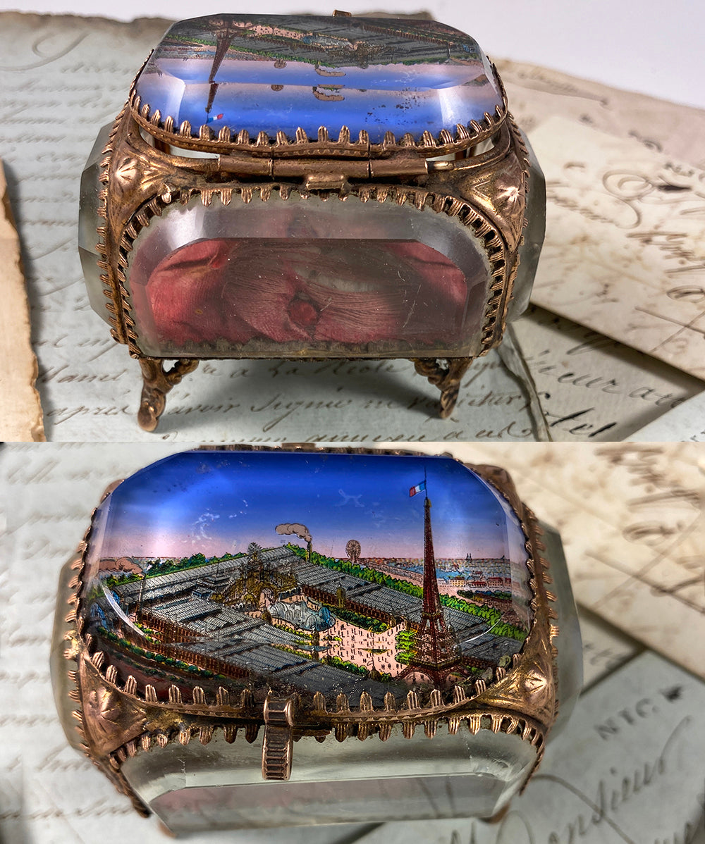 Antique French 19th Century Paris Eglomise Souvenir Jewelry Box, 1889 Expo Eiffel Tower