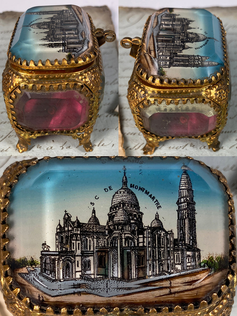 Antique French 19th Century Paris Eglomise Souvenir Jewelry Box, Basilica Sacre Coeur