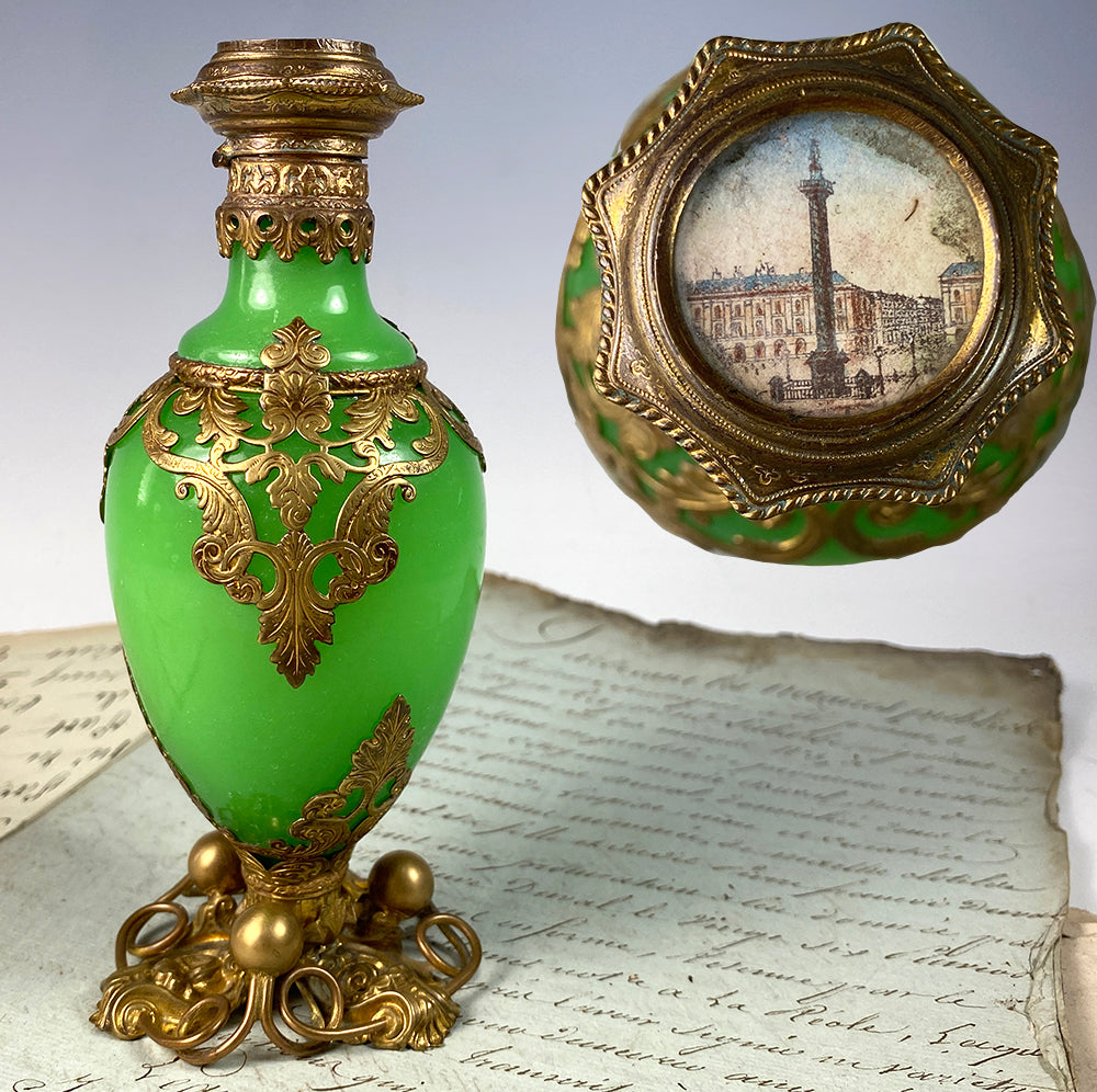 Antique French Opaline 19th Century Paris Eglomise Souvenir Perfume Bottle, Vendome Napoleon