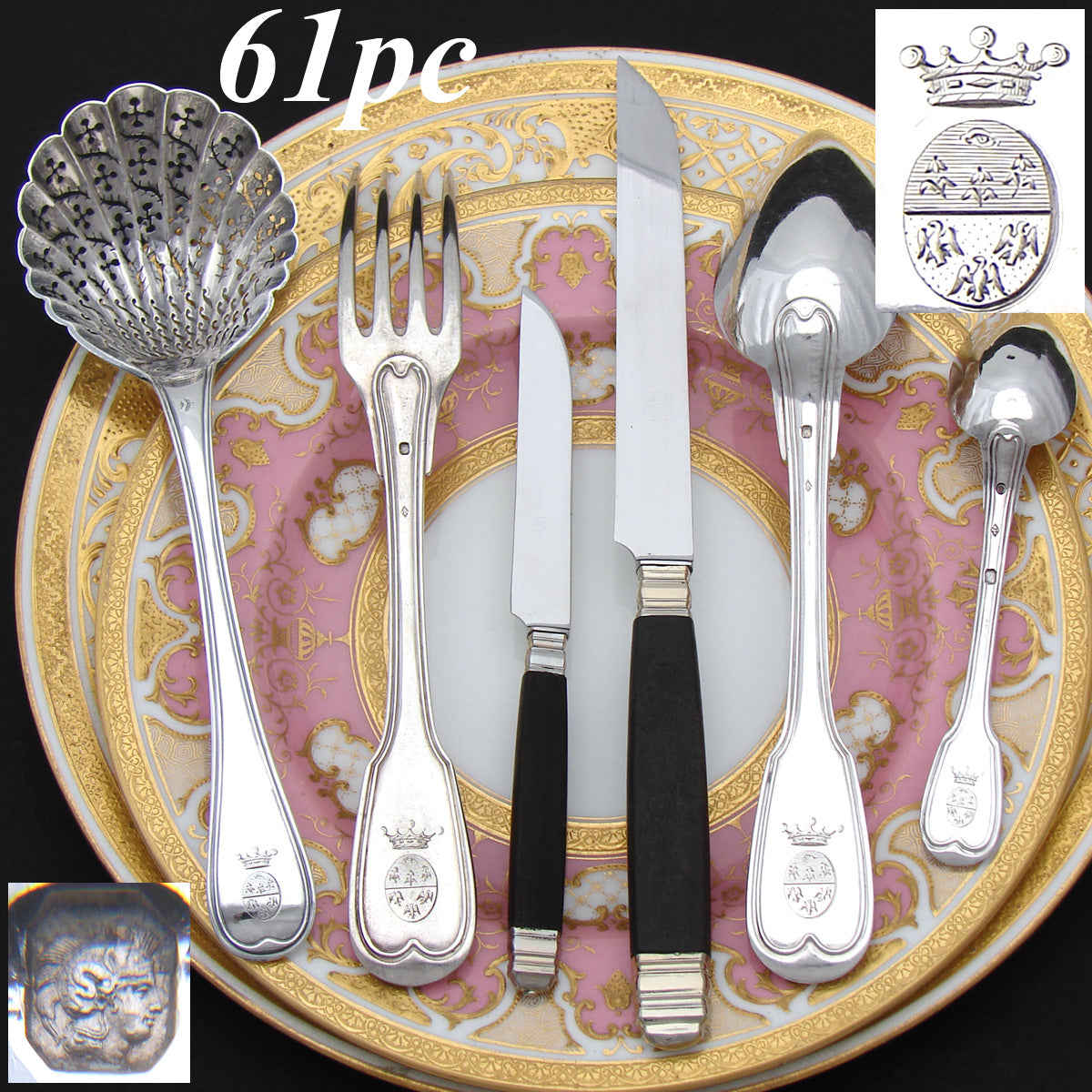 Elegant Antique French Sterling Silver 60pc Flatware Set, Armorial Style Heraldry with Royal Crowns