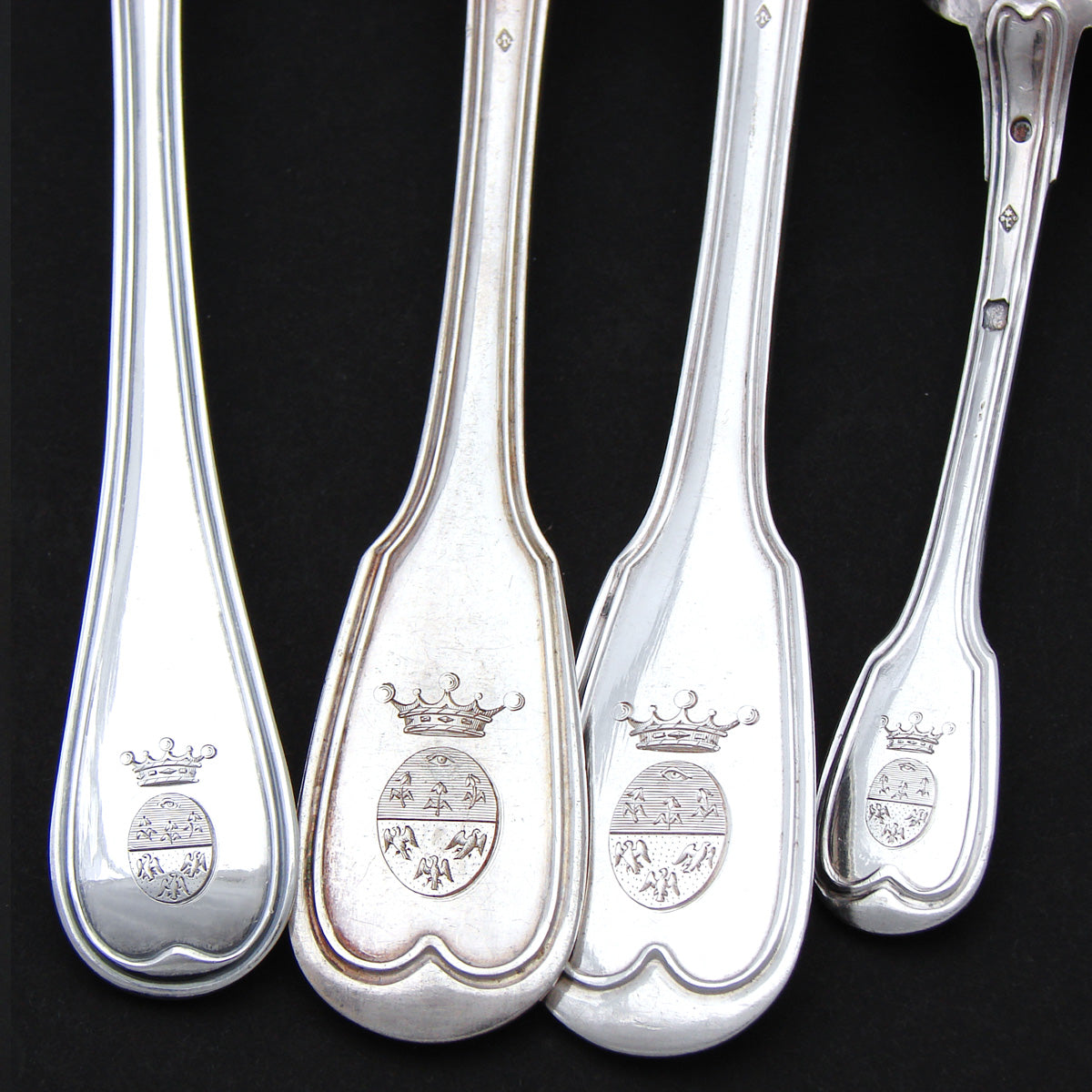 Elegant Antique French Sterling Silver 60pc Flatware Set, Armorial Style Heraldry with Royal Crowns