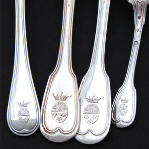 Elegant Antique French Sterling Silver 60pc Flatware Set, Armorial Style Heraldry with Royal Crowns