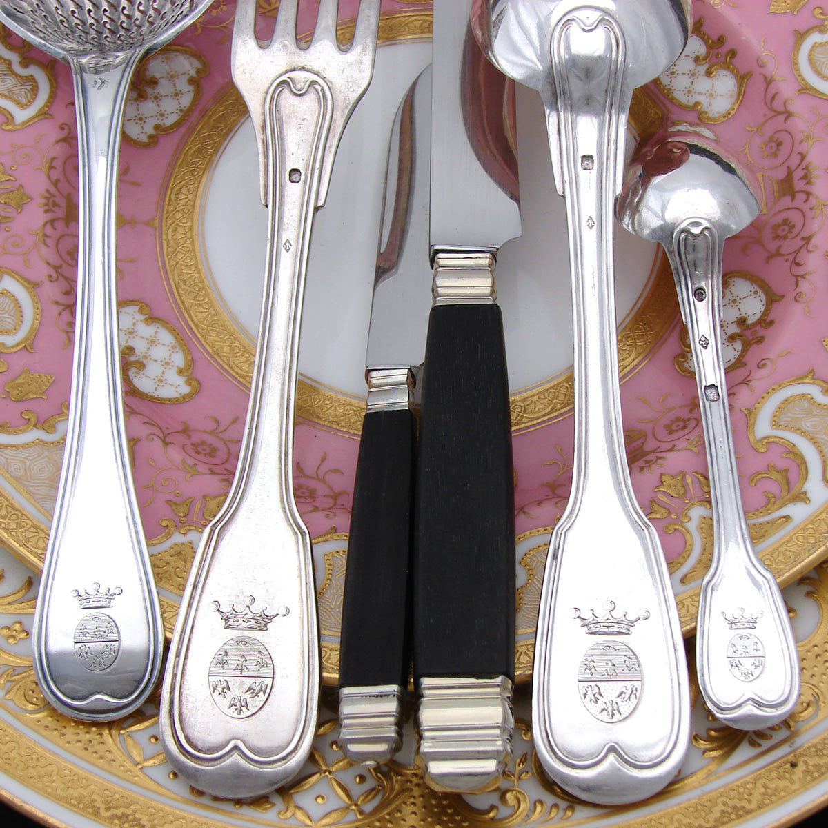 Elegant Antique French Sterling Silver 60pc Flatware Set, Armorial Style Heraldry with Royal Crowns