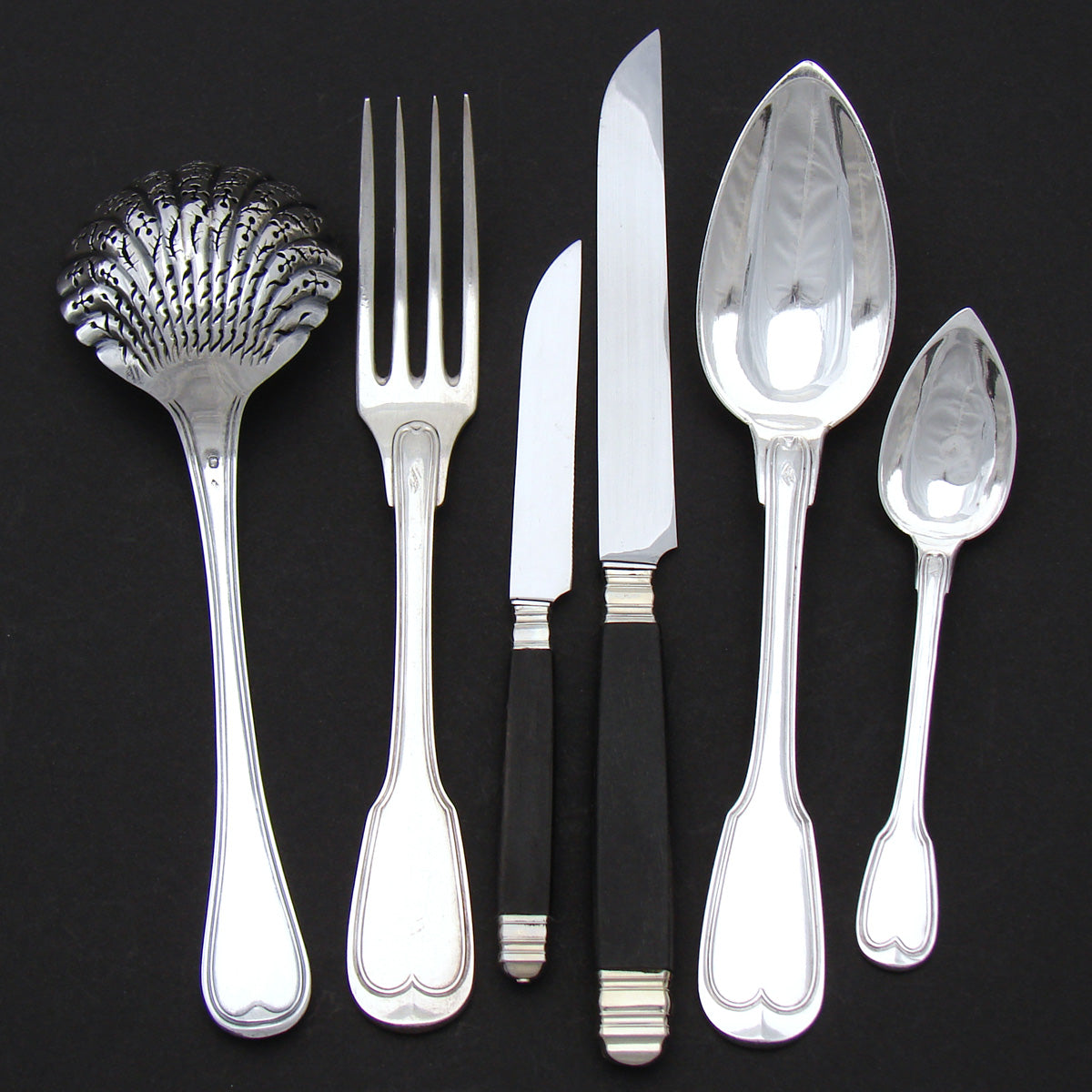 Elegant Antique French Sterling Silver 60pc Flatware Set, Armorial Style Heraldry with Royal Crowns