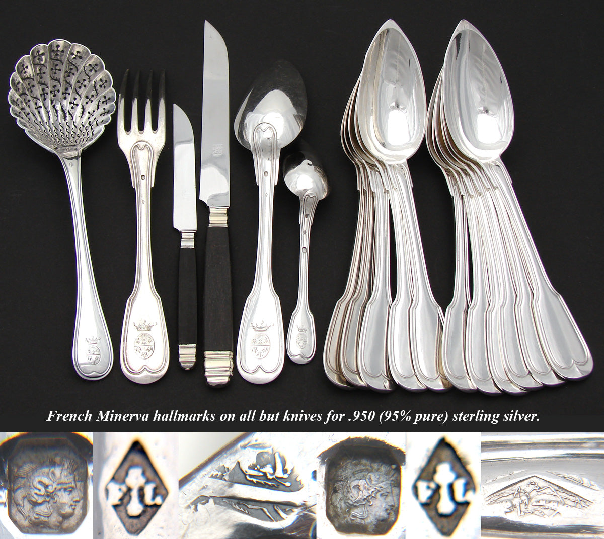 Elegant Antique French Sterling Silver 60pc Flatware Set, Armorial Style Heraldry with Royal Crowns