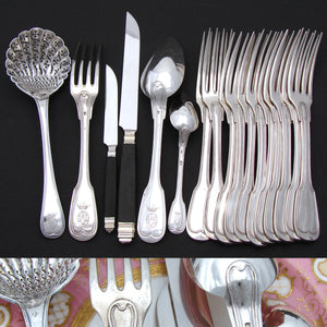 Elegant Antique French Sterling Silver 60pc Flatware Set, Armorial Style Heraldry with Royal Crowns