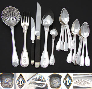 Elegant Antique French Sterling Silver 60pc Flatware Set, Armorial Style Heraldry with Royal Crowns