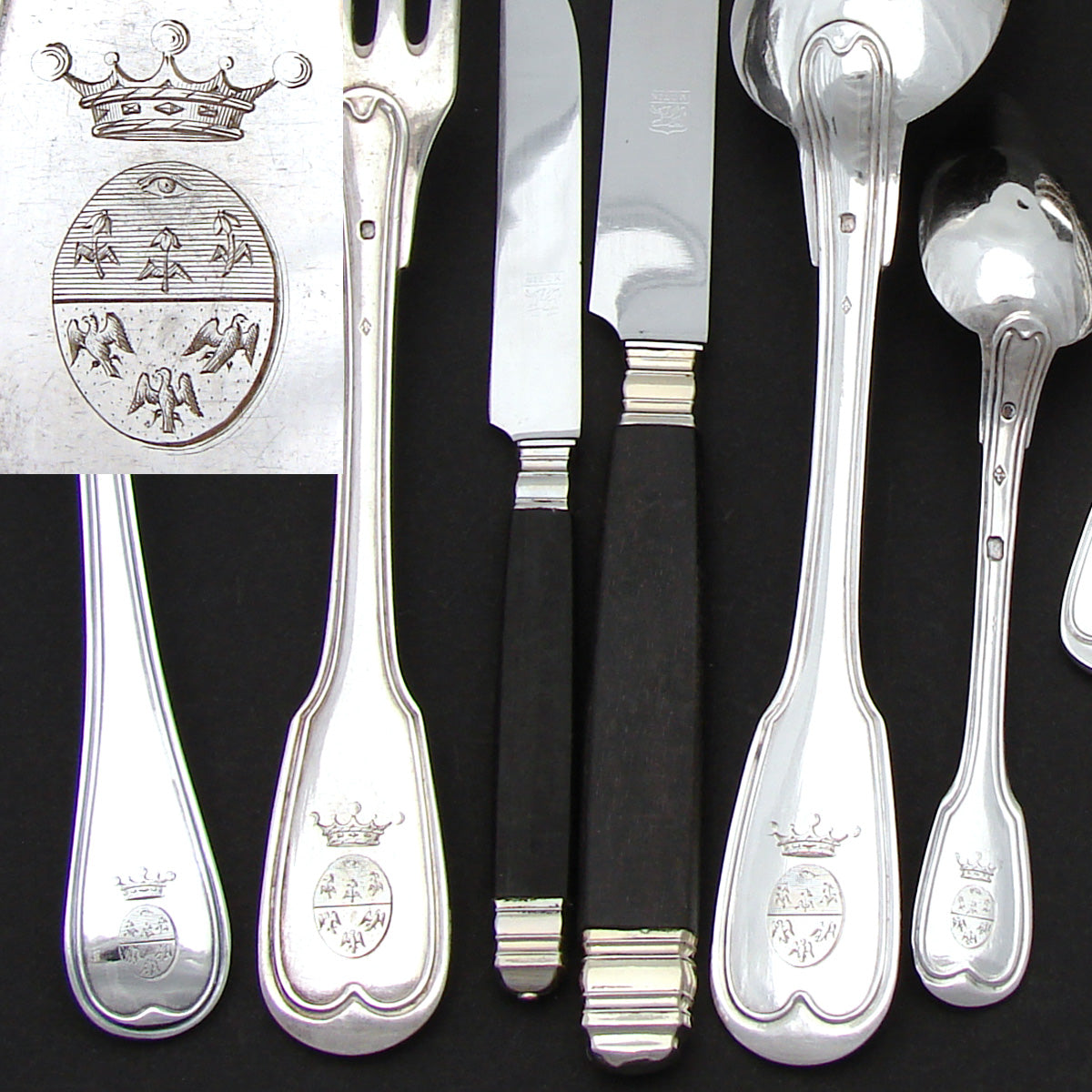 Elegant Antique French Sterling Silver 60pc Flatware Set, Armorial Style Heraldry with Royal Crowns