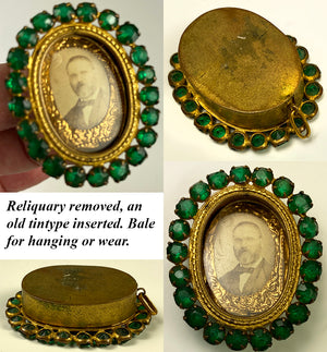Petit c.1850s Antique French Paste Stone Gem Reliquary Frame, Bale for Pendant or Hang