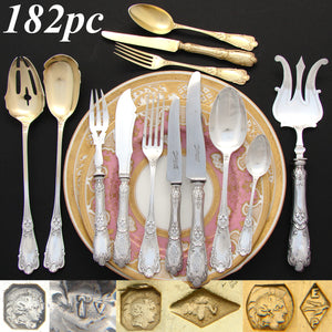 Exquisite Antique French Sterling Silver 182pc Flatware Set, 10pc Setting for Eighteen, Serving Pieces, Chests