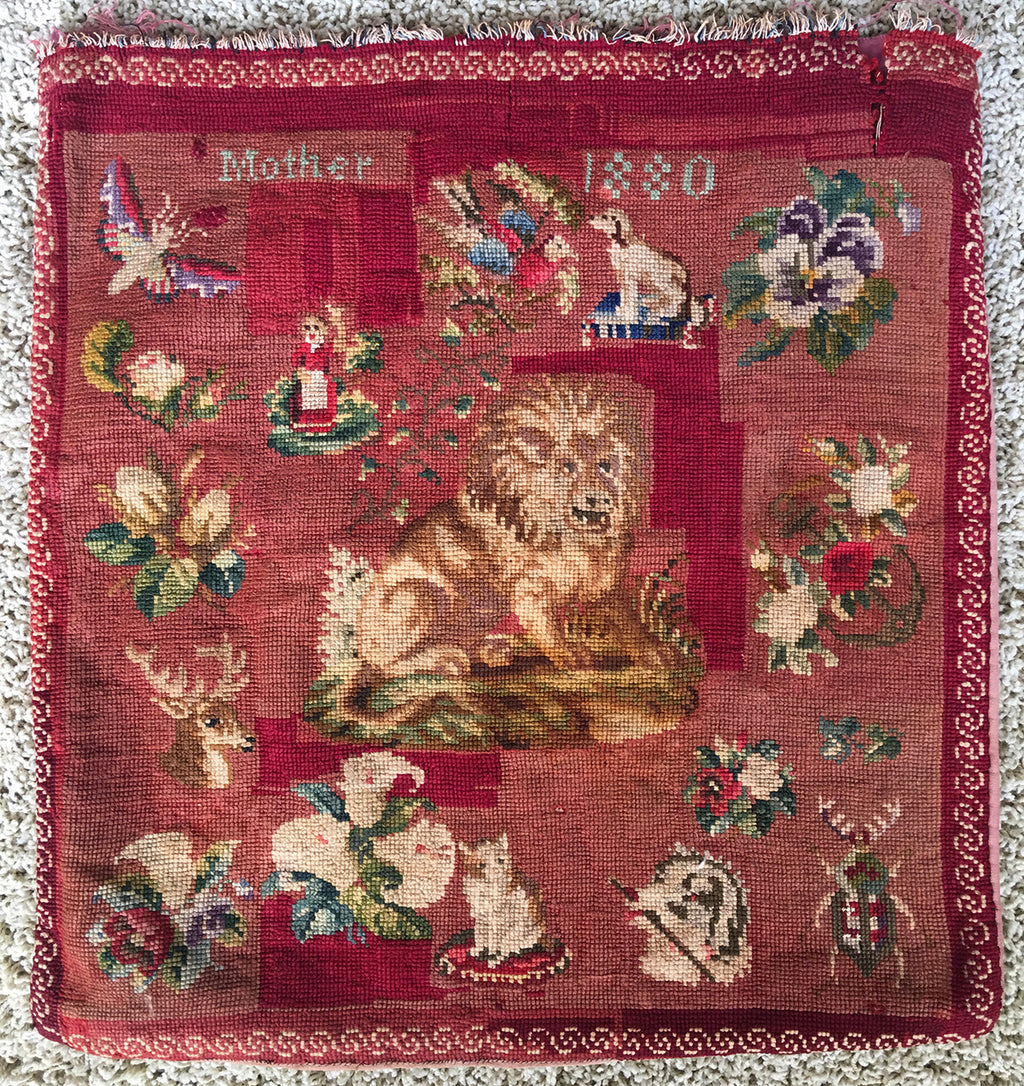 Charming Antique Victorian Needlepoint Child's Sampler Pillow Cover 19" x 17.5" Lion Dog 1880