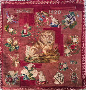 Charming Antique Victorian Needlepoint Child's Sampler Pillow Cover 19" x 17.5" Lion Dog 1880