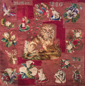 Charming Antique Victorian Needlepoint Child's Sampler Pillow Cover 19" x 17.5" Lion Dog 1880