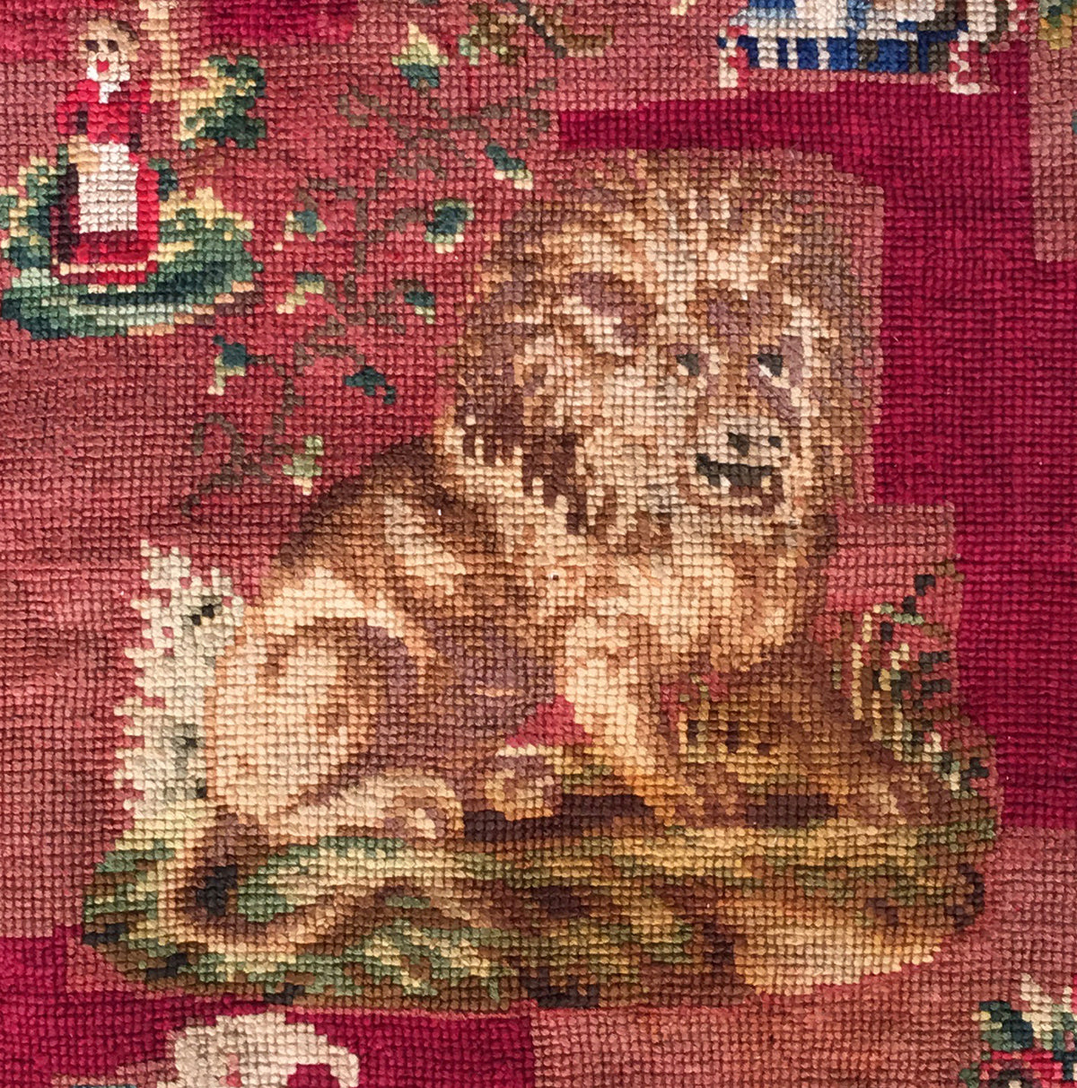 Charming Antique Victorian Needlepoint Child's Sampler Pillow Cover 19" x 17.5" Lion Dog 1880