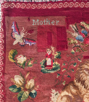 Charming Antique Victorian Needlepoint Child's Sampler Pillow Cover 19" x 17.5" Lion Dog 1880