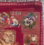 Charming Antique Victorian Needlepoint Child's Sampler Pillow Cover 19" x 17.5" Lion Dog 1880