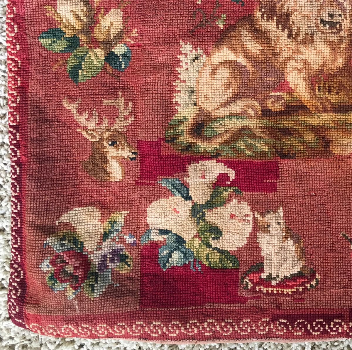 Charming Antique Victorian Needlepoint Child's Sampler Pillow Cover 19" x 17.5" Lion Dog 1880