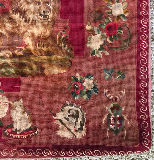 Charming Antique Victorian Needlepoint Child's Sampler Pillow Cover 19" x 17.5" Lion Dog 1880