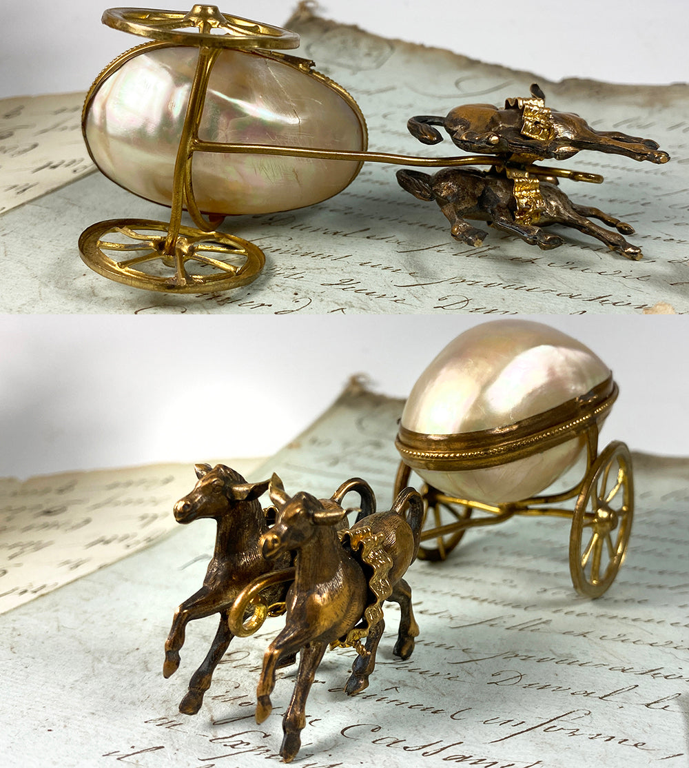 Antique French Mother of Pearl "egg" Carriage, 2 Horses, Palais Royal Trinket or Thimble box