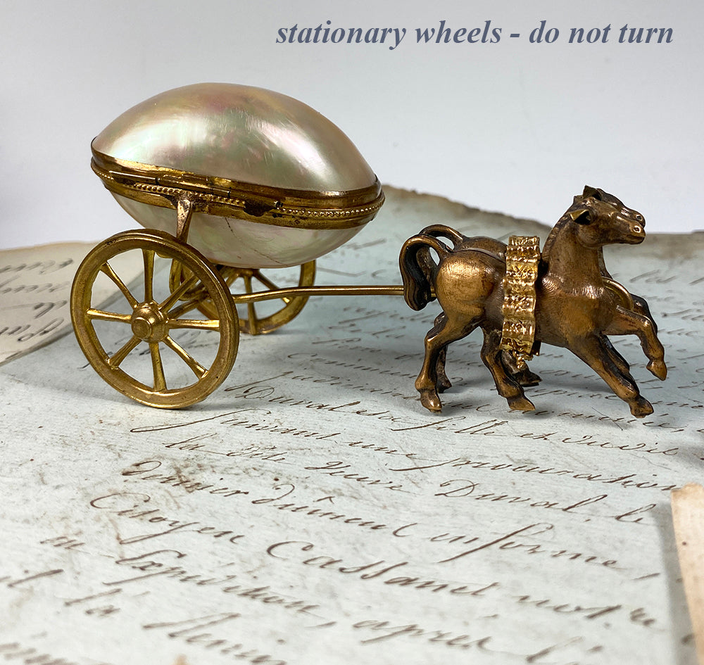 Antique French Mother of Pearl "egg" Carriage, 2 Horses, Palais Royal Trinket or Thimble box